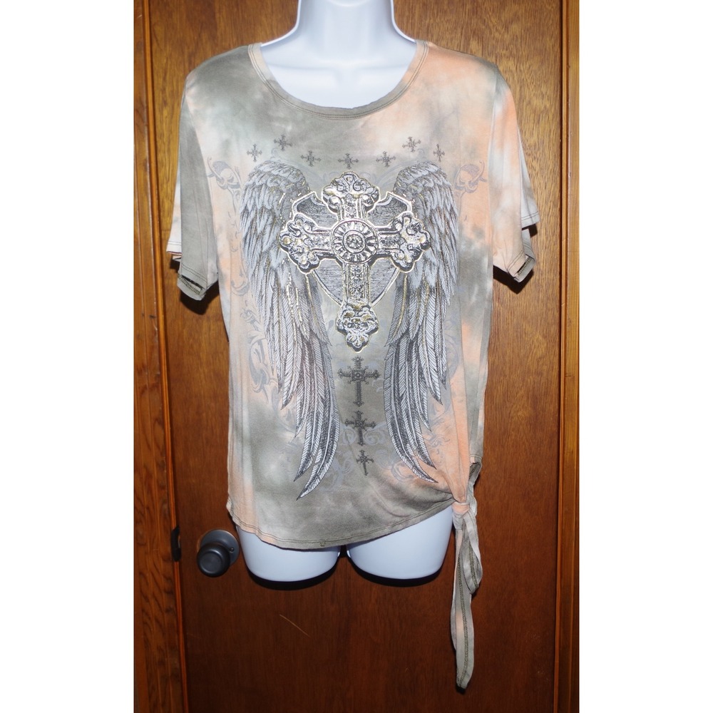 23 Love Street Womens M Tie Dye Angel Wings Cross Graphic Side Tie T-Shirt Green